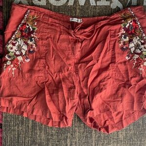 VTG JW Johnny Was XXL Burnt Orange Beatriz Linen Embroidery Drawstring Shorts